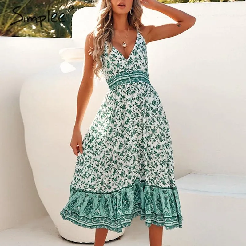 Sleeveless Summer V-Neck Long Sexy Boho Floral Dress