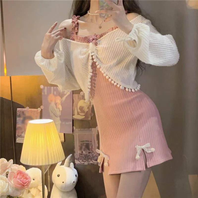 Slit Slim Bow Pink Dress White Cardigan Set