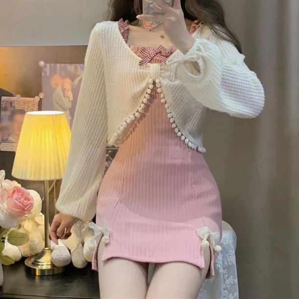 Slit Slim Bow Pink Dress White Cardigan Set