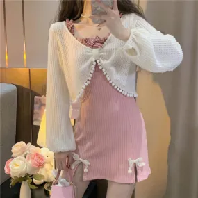 Slit Slim Bow Pink Dress White Cardigan Set