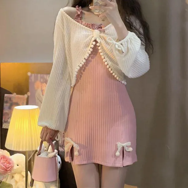 Slit Slim Bow Pink Dress White Cardigan Set