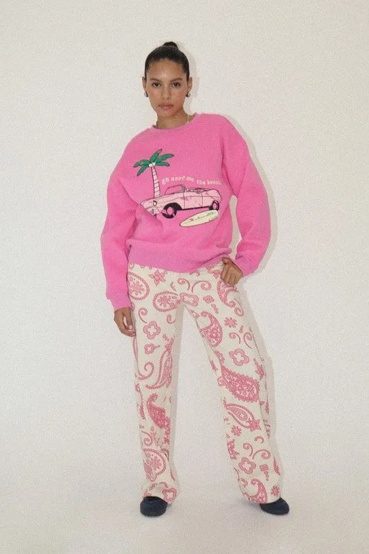 Surf On The Beach Crewneck Sweatshirt Pink