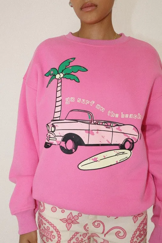 Surf On The Beach Crewneck Sweatshirt Pink