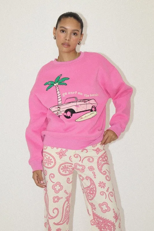 Surf On The Beach Crewneck Sweatshirt Pink