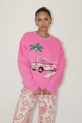 Surf On The Beach Crewneck Sweatshirt Pink