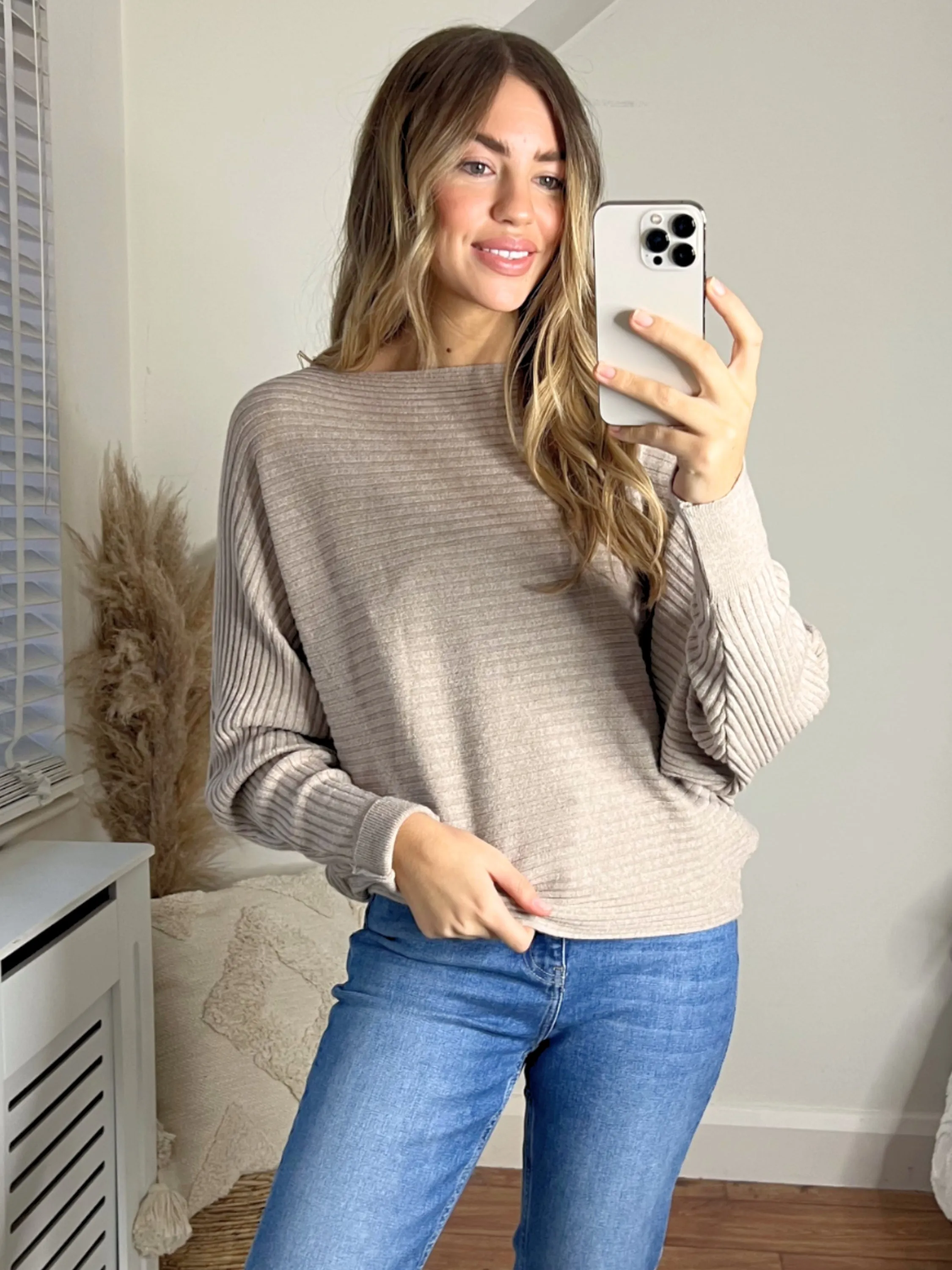 Tessa Batwing Ribbed Knit Jumper / Beige