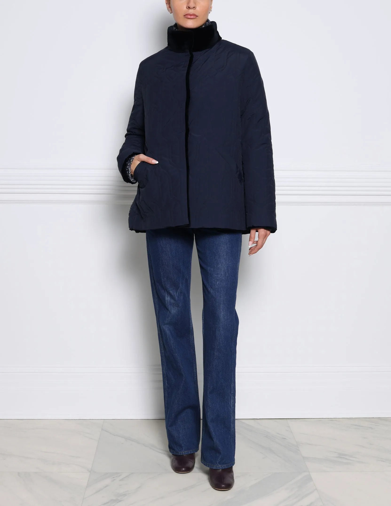 The Everly Reversible Mink Quilted Jacket in Navy