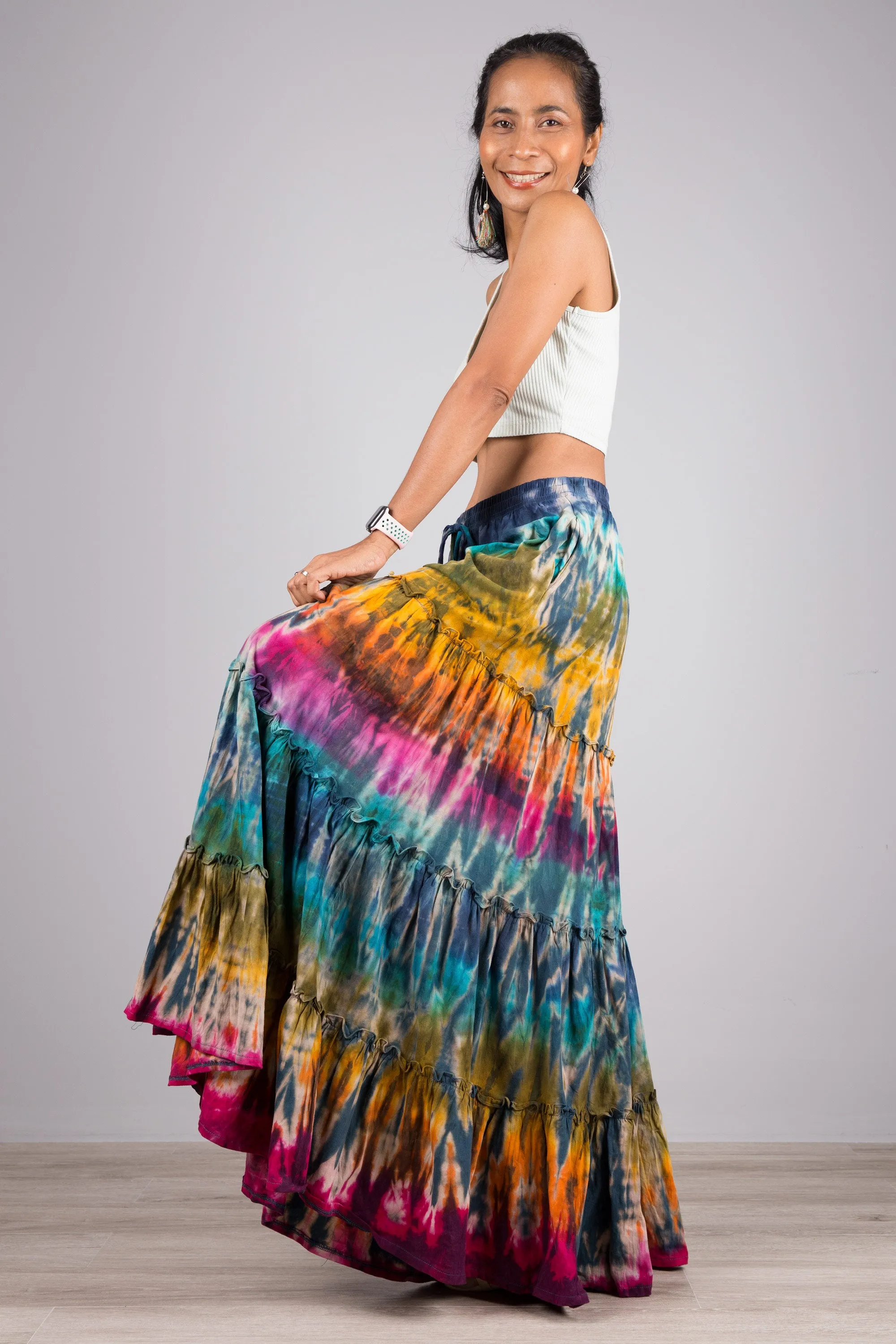 Tie dye skirt | Tiered maxi skirt | Rainbow swirl skirt