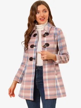 Toggle Outerwear Turn Down Collar Winter Plaid Duffle Coat