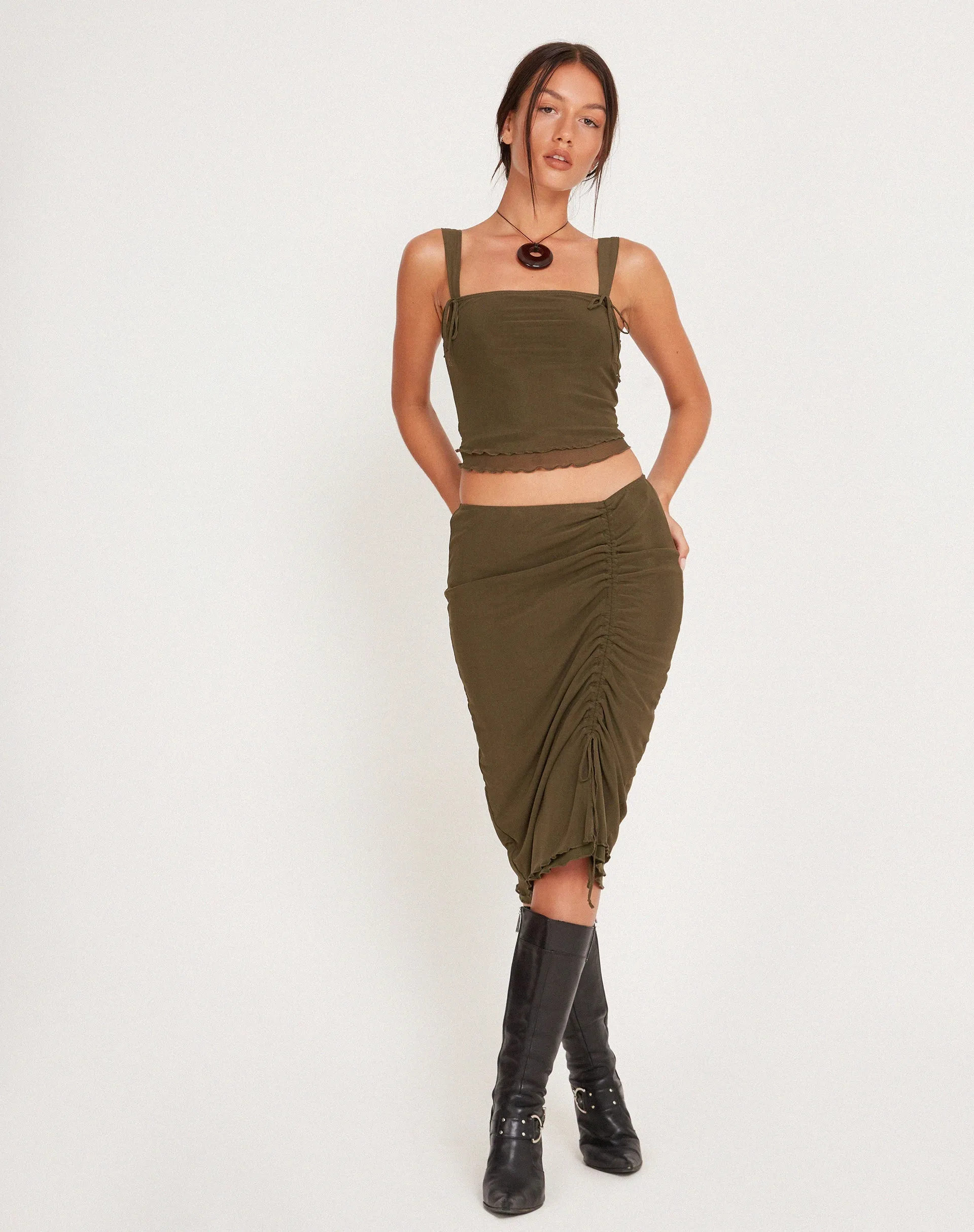 Tya Midi Skirt in Mesh Dark Olive