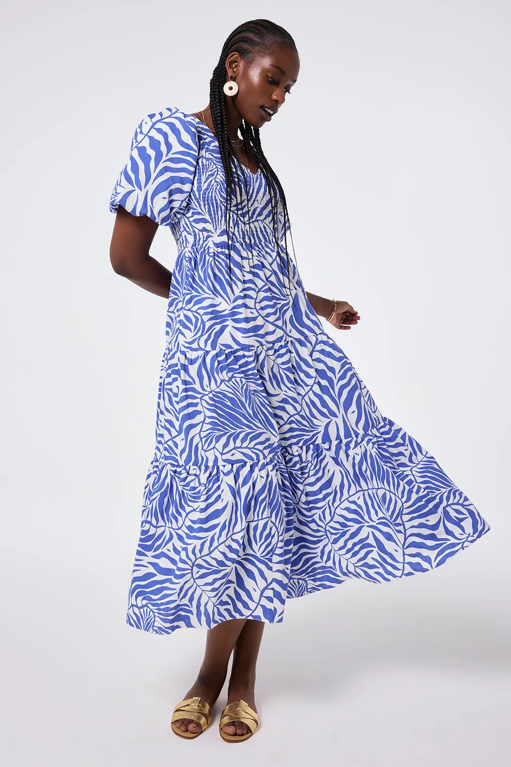 White with Blue Palm Shirred Puff Sleeve Maxi Dress