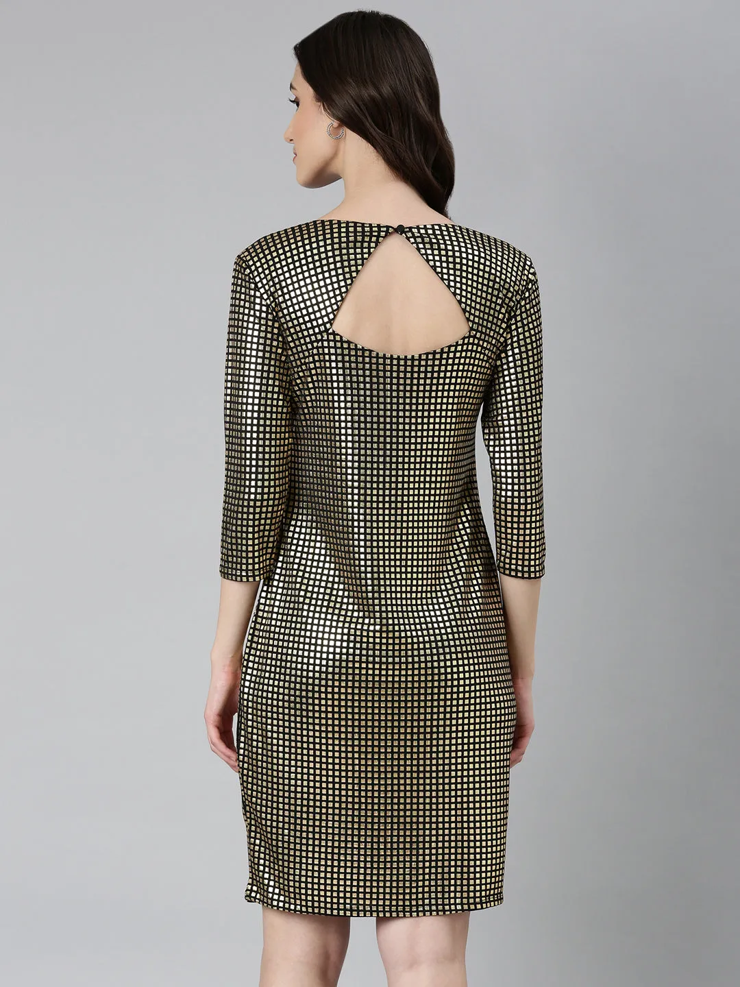 Women Gold Checked Bodycon Dress