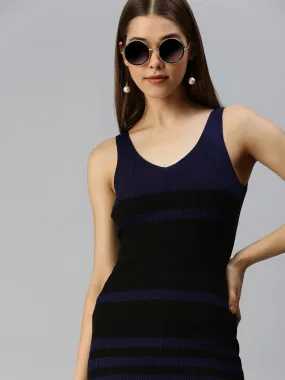 Women V-Neck Striped Bodycon Navy Blue Dress