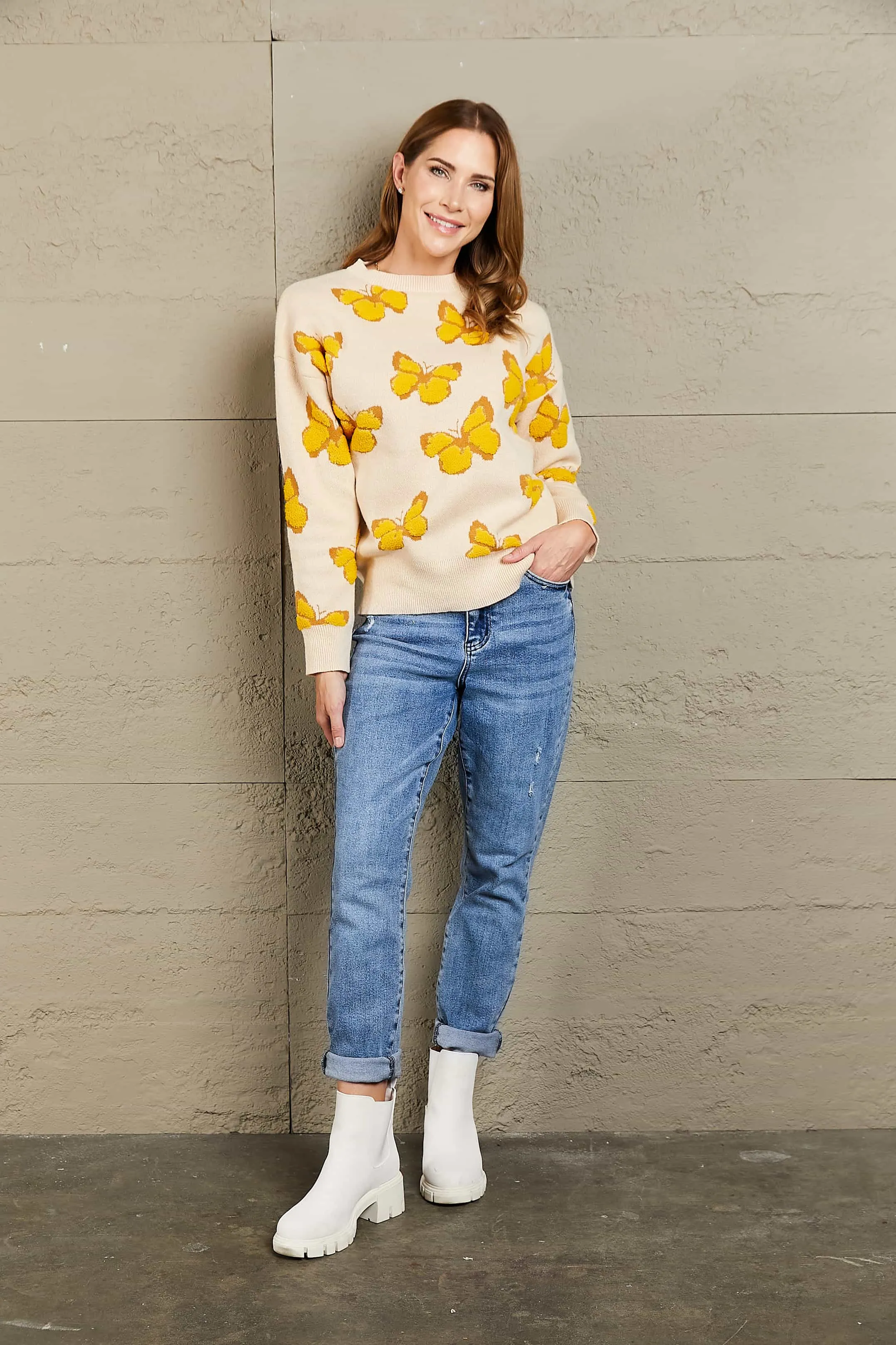 Woven Right Butterfly Dropped Shoulder Crewneck Sweater