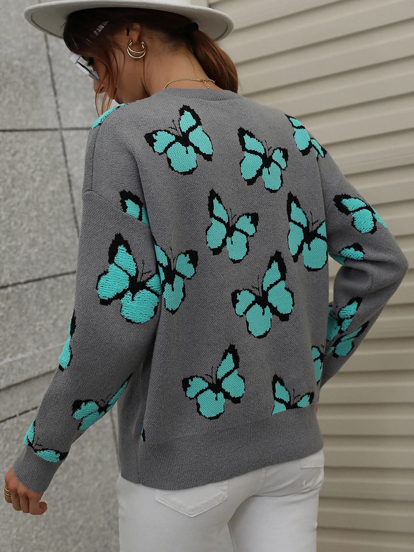 Woven Right Butterfly Dropped Shoulder Crewneck Sweater