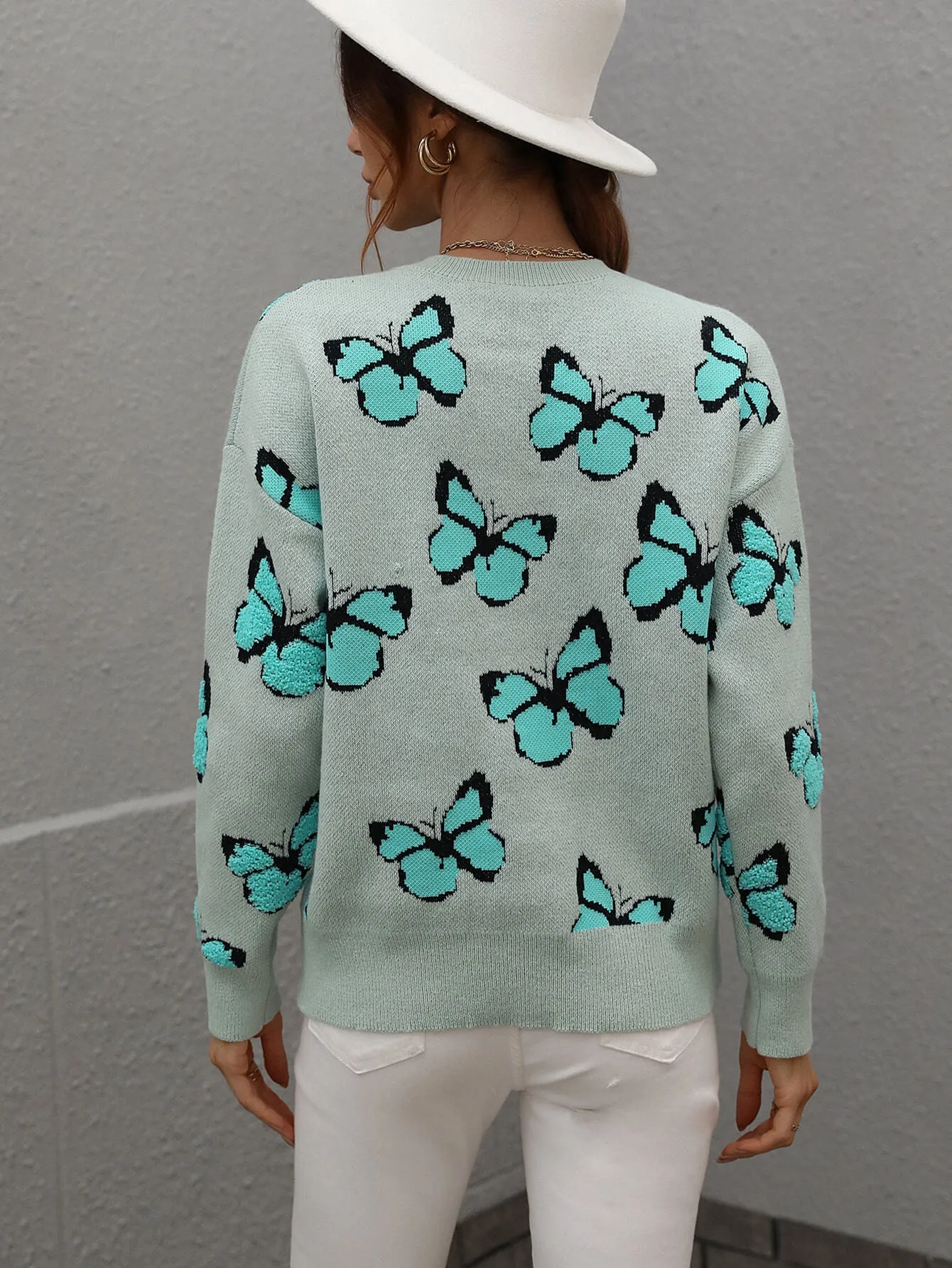 Woven Right Butterfly Dropped Shoulder Crewneck Sweater